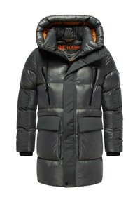 Gray puffer jacket with a shiny finish, featuring a large hood, front zipper, two side pockets, and orange inner lining.