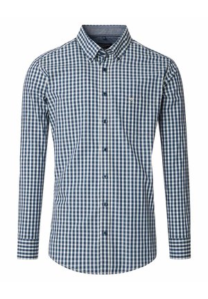 Chemise homme à manches longues boutonnée avec motif à carreaux bleu et blanc et poche poitrine avant.