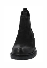 Stivaletti Chelsea in pelle nera con texture liscia, punta arrotondata e pannelli elastici laterali, caratterizzati da un design minimalista e suola in gomma.