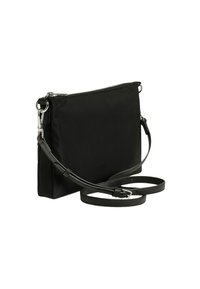 Borsa a tracolla nera in nylon con chiusura a zip, tracolla regolabile in pelle e dettagli in metallo color argento. Presenta un design rettangolare minimalista.