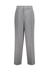 Gray striped trousers with a tailored fit, featuring a straight leg design, side pockets, and a textured fabric.