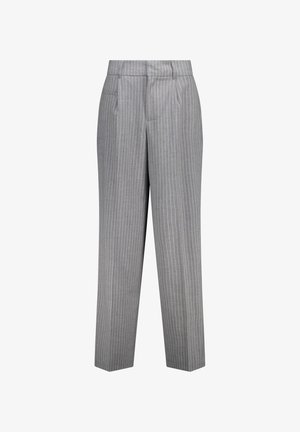 Pantaloni grigi a righe con vestibilità su misura, caratterizzati da un design a gamba dritta, tasche laterali e un tessuto texturizzato.