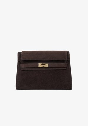 Dark brown suede clutch bag with a flap closure and a gold-tone buckle detail. Smooth texture, rectangular shape, minimalistic design.