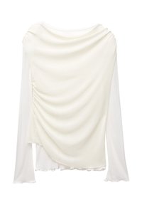 Vit långärmad topp med draperad design i mjukt tyg. Har en samlad detalj på ena sidan och en vågig nederkant.