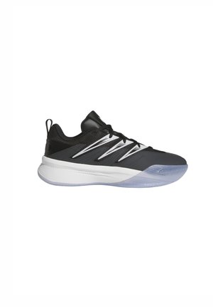 Zapatilla deportiva negra con parte superior de malla, acentos en blanco y gris, y una suela de goma translúcida con un patrón de espiga.