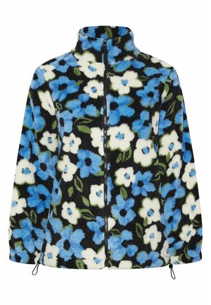 Florale fleece jack met hoge kraag, volledige rits en een zwarte achtergrond met blauwe, witte en groene bloempatronen. Bovenste zakken ontbreken.