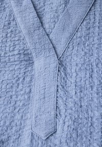 Tessuto blu chiaro con un motivo testurizzato e stropicciato. Presenta un design a V e un colletto a punta. Finitura morbida e opaca.