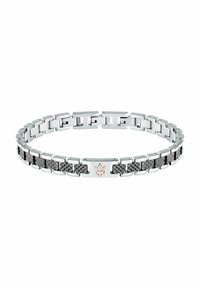 Bracciale in metallo con segmenti alternati di argento lucido e nero texturizzato, con un prominente logo centrale in oro rosa.