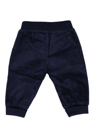 Pantaloni in corduroy blu navy con vita elasticizzata, polsini arricciati e strisce verticali testurizzate. Stile casual adatto a varie occasioni.