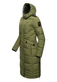 Olive green padded coat with a hood, featuring a zippered front, side pockets, and black accents. Includes quilted texture and logo patch.