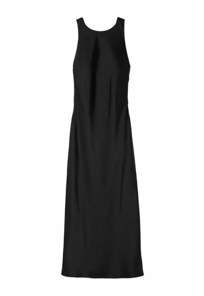 Robe noire sans manches avec un corsage ajusté et une jupe fluide. Texture lisse sans motifs visibles ni éléments en métal.