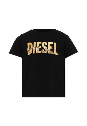 T-shirt noir à manches courtes avec grand logo "DIESEL" en sequins dorés sur la poitrine.