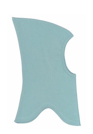 Lyseblå bomuldsbalaclava med asymmetrisk design, glat tekstur og afrundede åbninger til ansigt og hoved.