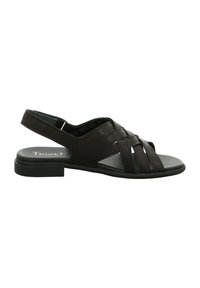 Schwarze Sandale aus Leder mit offenem Zehendesign, Slingback-Konstruktion und geflochtenem Riemen. Gummisohle mit minimaler Absatzhöhe.