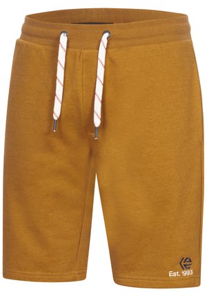 Szorty w kolorze musztardowożółtym wykonane z miękkiej tkaniny. Posiadają ściągacz w talii z czerwonymi akcentami oraz małe logo na lewej nogawce.