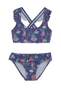 Zweiteiliges Badeanzug-Set mit einem nautischen Muster featuring bunten Quallen, mit Rüschendetails an Oberteil und Unterteil, aus dehnbarem Stoff gefertigt.