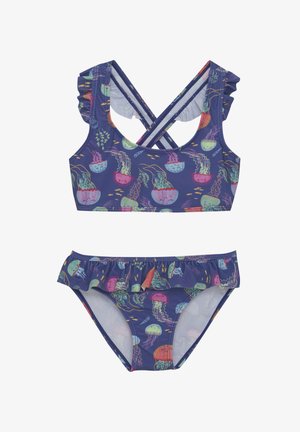 Dwuczęściowy strój kąpielowy z granatowym wzorem w kolorowe meduzy, z falbankami na górze i na dole, wykonany z elastycznej tkaniny.