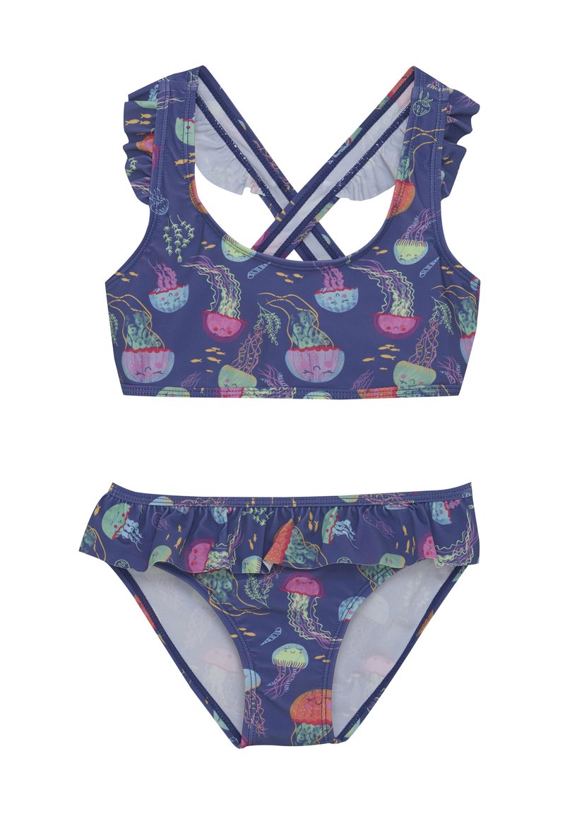 Zweiteiliges Badeanzug-Set mit einem nautischen Muster featuring bunten Quallen, mit Rüschendetails an Oberteil und Unterteil, aus dehnbarem Stoff gefertigt.