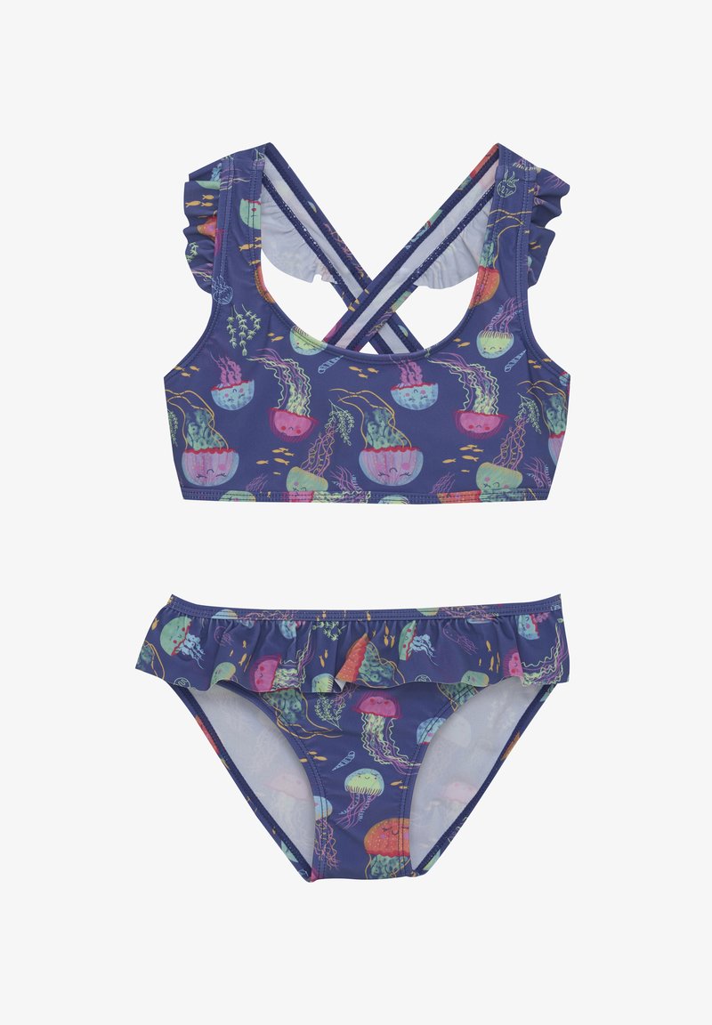 Maillot de bain deux pièces avec un motif marine orné de méduses colorées, avec des accents froncés en haut et en bas, fabriqué en tissu extensible.