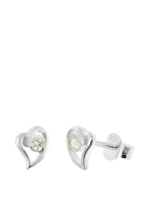 Silver heart-shaped stud earrings with a small round clear gemstone in the center and butterfly clasp backs marked 925.
