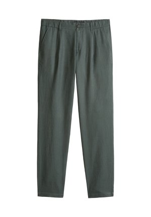 Dark green straight-leg trousers with button closure, belt loops, and side pockets, shown against a white background.