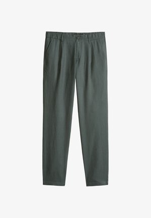 Donkergroene rechte broek met knoopsluiting, riemlussen en zijzakken, afgebeeld tegen een witte achtergrond.