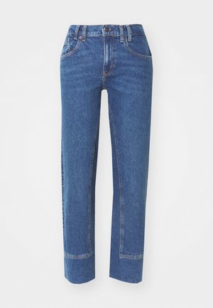 Blå denimjeans med rett snitt, fem lommer og kontraststingdetaljer. Stoffet har en lett tekstur og en klassisk finish.