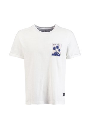 Biały T-shirt z krótkim rękawem z małym niebieskim nadrukiem palm i napisem „Wave Rider” na lewej kieszeni na piersi.