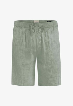 Pantaloni scurți verzi deschis, dintr-un material texturat. Prezintă un brâu cu șnur și un croi lejere, cu lungime până la genunchi.
