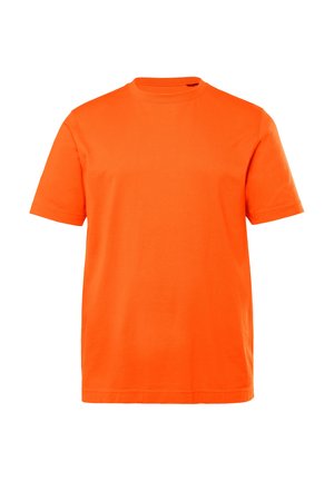 Kurzärmliges T-Shirt in leuchtendem Orange, aus Baumwolle gefertigt. Verfügt über einen runden Ausschnitt und einen geraden Saum, mit einer glatten Textur und ohne Muster.
