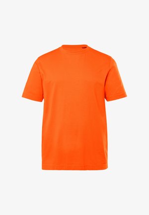 Kurzärmliges T-Shirt in leuchtendem Orange, aus Baumwolle gefertigt. Verfügt über einen runden Ausschnitt und einen geraden Saum, mit einer glatten Textur und ohne Muster.
