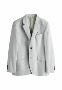 Hellgrauer Blazer mit strukturierter Oberfläche, zwei Fronttaschen, Ein-Knopf-Verschluss und einer kleinen Einstecktuchtasche auf der linken Seite.