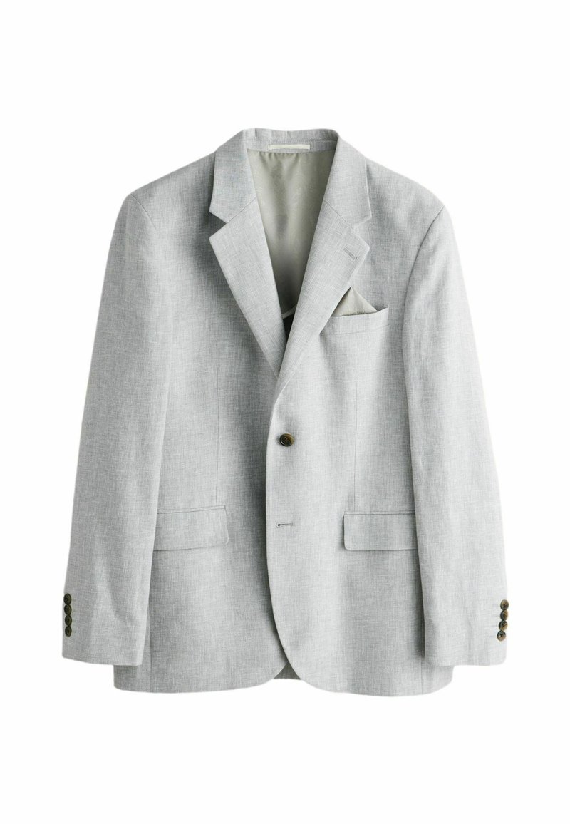 Hellgrauer Blazer mit strukturierter Oberfläche, zwei Fronttaschen, Ein-Knopf-Verschluss und einer kleinen Einstecktuchtasche auf der linken Seite.