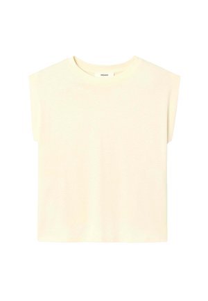 Haut sans manches de couleur crème avec épaules rembourrées, encolure ronde et ourlet droit, présenté sur un fond blanc uni.