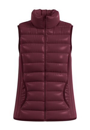 Burgunderfarbene ärmellose Steppweste mit hohem Kragen, horizontalem Steppmuster, Frontreißverschluss und Seitentaschen.