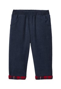 Pantalon en velours côtelé bleu marine avec une taille élastique, comportant deux poches latérales et des accents en tartan rouge aux ourlets.