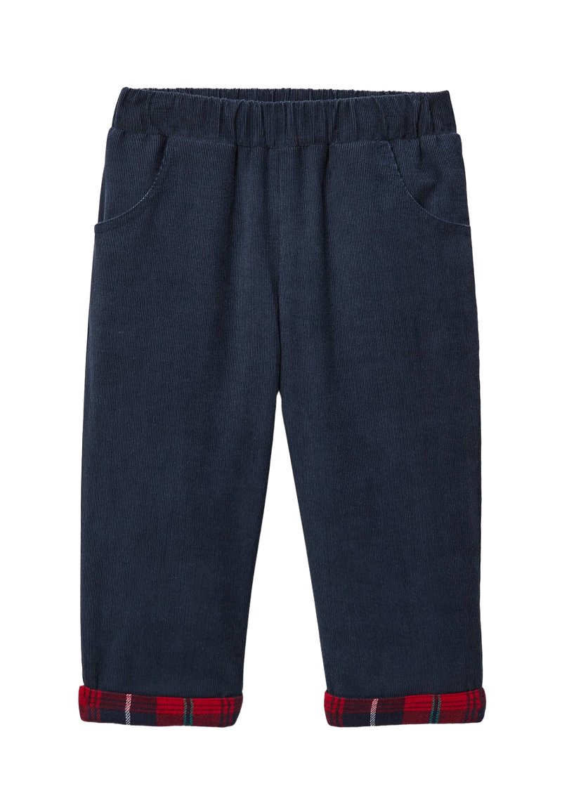 Pantalon en velours côtelé bleu marine avec une taille élastique, comportant deux poches latérales et des accents en tartan rouge aux ourlets.