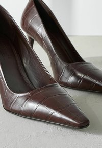 Bruna läderhärliga högklackade skor med krokodilstruktur, spetsig tå och smal klack. Har en slät inredning och minimal sömnad.