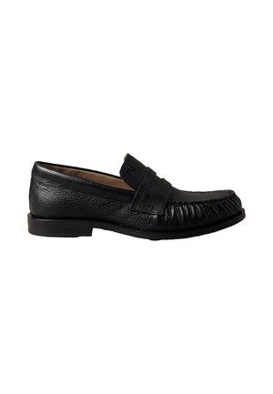 Mocassin pour homme en cuir noir avec surpiqûres moc toe et petit talon, présenté en profil latéral sur fond blanc.