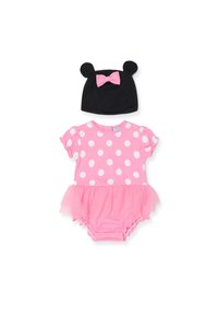 Pink polka dot romper with ruffled sleeves and a tulle skirt. Accompanied by a black hat with bear ears and a pink bow detail.