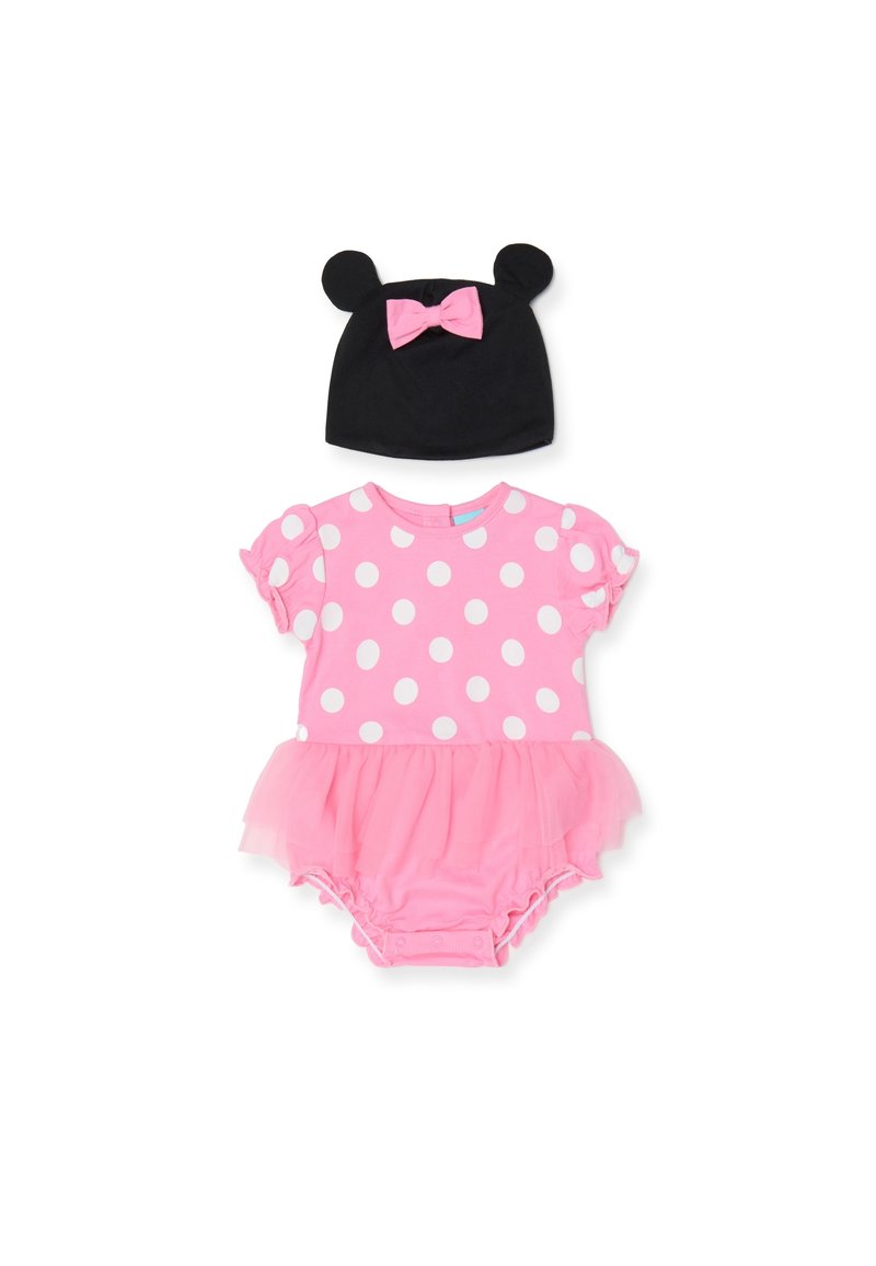 Pink polka dot romper with ruffled sleeves and a tulle skirt. Accompanied by a black hat with bear ears and a pink bow detail.
