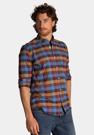 Geruite overhemd met lange mouwen in blauwe, bruine en oranje tinten; katoen stof met een button-down kraag en borstzakdetail.