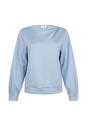 Lichtblauwe lange mouw sweatshirt met een subtiel asymmetrisch detail bij de halslijn en geribbelde boorden en zoom.