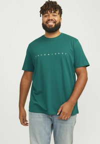 Teal katoenen t-shirt met korte mouwen, met een witte "JACK & JONES"-logo over de borst. Draag het met lichtblauwe jeans.