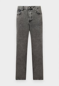 Vaqueros de denim negro lavado de pierna recta con botón frontal y cremallera, trabillas para cinturón y diseño de cinco bolsillos.