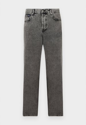 Jeans in denim nero lavato a gamba dritta con bottone e zip frontali, passanti per cintura e design a cinque tasche.