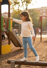 Dziecko bawiące się na drewnianej równoważni na placu zabaw, ubrane w białą koszulę z długim rękawem i jasnoniebieskie legginsy oraz białe trampki.