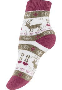 Calzino fino al ginocchio con base bianca, risvolto a righe rosa e motivo di cervi marroni. Presenta cuori decorativi e fiocchi di neve in verde e rosa.