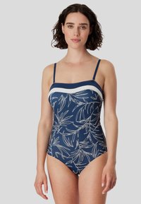 Dunkelblauer Einteiler-Badeanzug mit weißem Blumendessin, verstellbaren Spaghettiträgern und horizontalen weißen Akzentstreifen über der Brust.