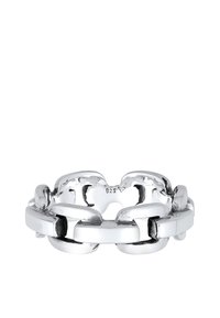 Anello in argento con catena a maglie intrecciate. Texture liscia e lucida con una finitura lucidata; contrassegnato '925' per autenticità in argento sterling.